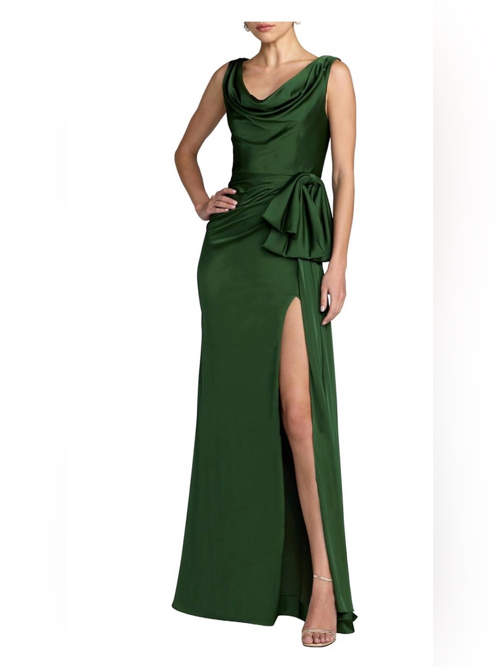 Mac Duggal Emerald Green Draped Cowl Neck Maxi Gown with Side Slit